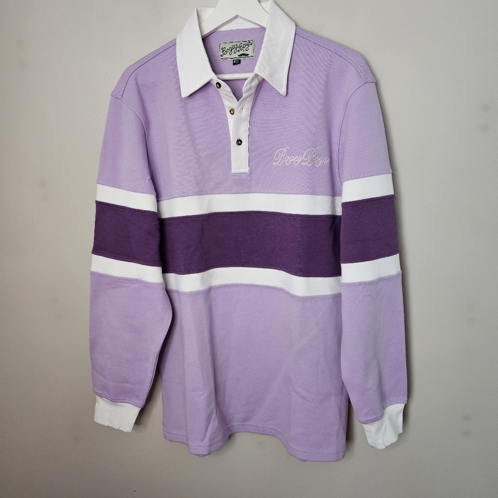 NWOT Bogey Boys Long Sleeve Rugby Polo Shirt Lavender Purple White Striped Golf